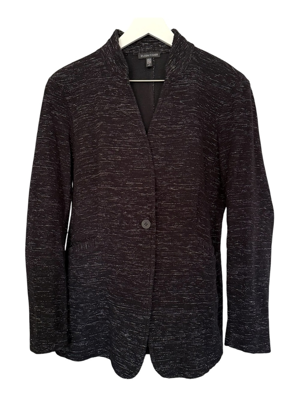 Eileen Fisher Black Tweedy Organic Cotton Knit Blazer Jacket Size Large